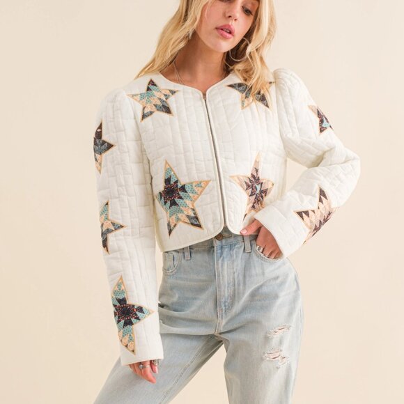 NWT Quilted Multi Star Embroidered Padded Zip Up Crop Western Jacket